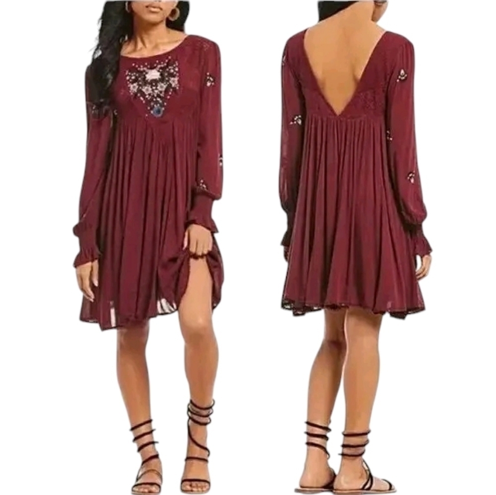 Free People Mohave‎ Embroided Mini Dress Burgundy Plum